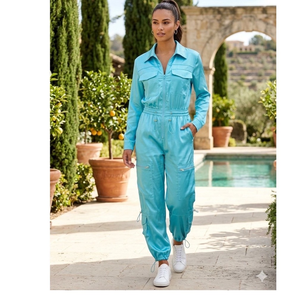 Fashion Nova Aqua Blue Satin Cargo Jumpsuit Long Sleeve Utility S Minimalist